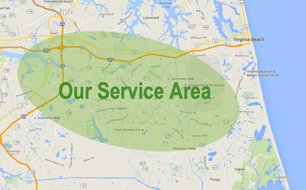 Arrow Lawn Care service area map. Kempsville to Red Mill.